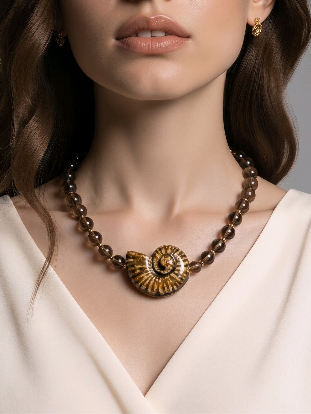 Smoky Grey Beaded Necklace with Ammonite Shell Pendant & Gift Bag
